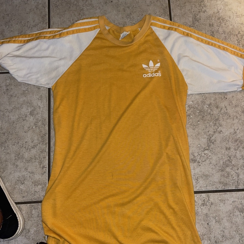 Vintage 70s 80s Adidas Gold Blue Soccer Jersey Tee Shirt Trefoil Made In USA L